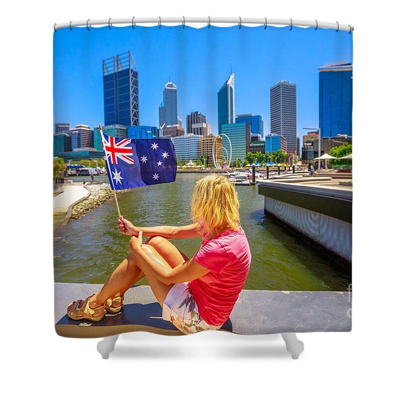 Perth Shower Curtain featuring the photograph Woman at Elizabeth Quay Marina by Benny Marty