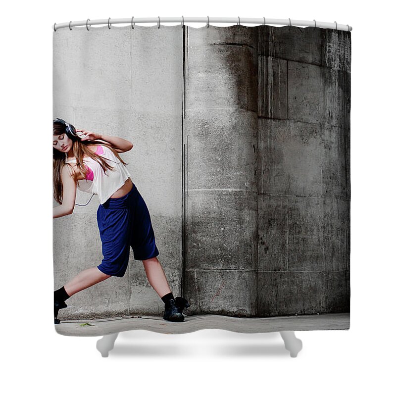 People Shower Curtain featuring the photograph Woman Dancing On Street by John And Tina Reid
