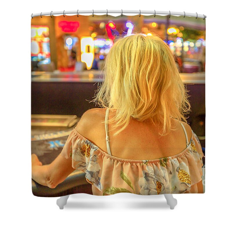 Las Vegas Shower Curtain featuring the photograph Woman gambling at blackjack table by Benny Marty