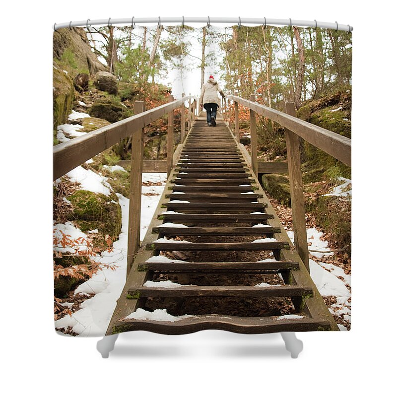 People Shower Curtain featuring the photograph Woman Going Up Icy Stairs by Carlos Ciudad Photos