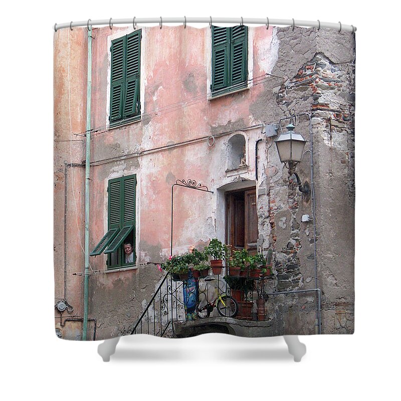 Cinque Terre Shower Curtain featuring the photograph Green Shutters by Leslie Struxness