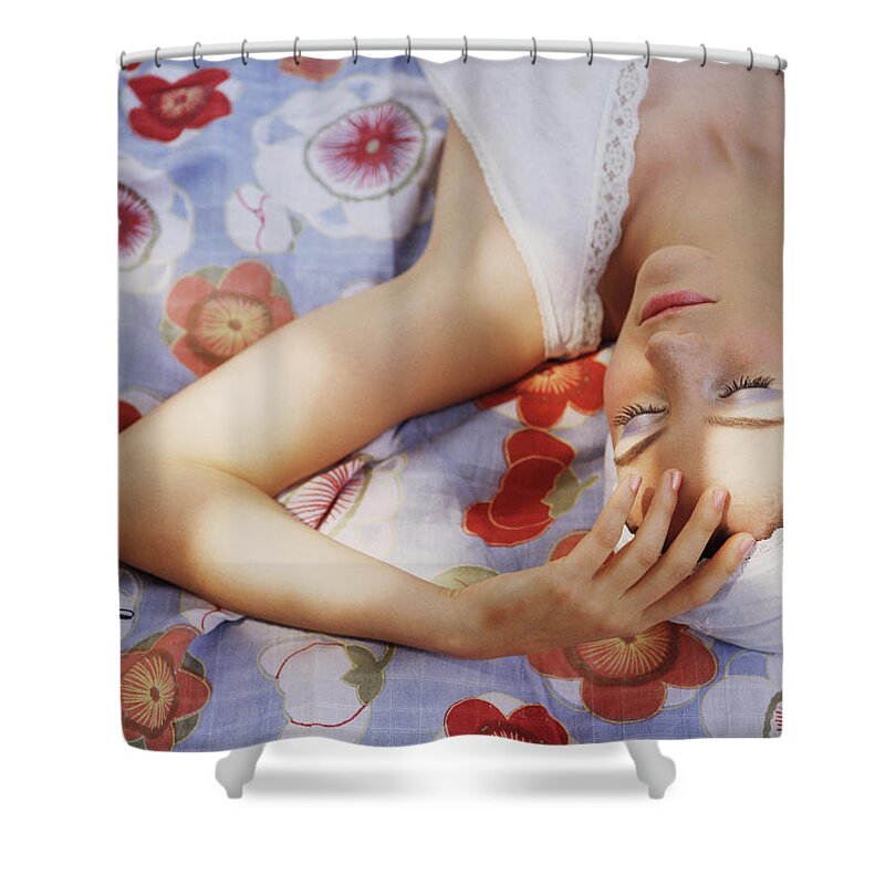 People Shower Curtain featuring the photograph Woman Lying Down by Mimi Haddon