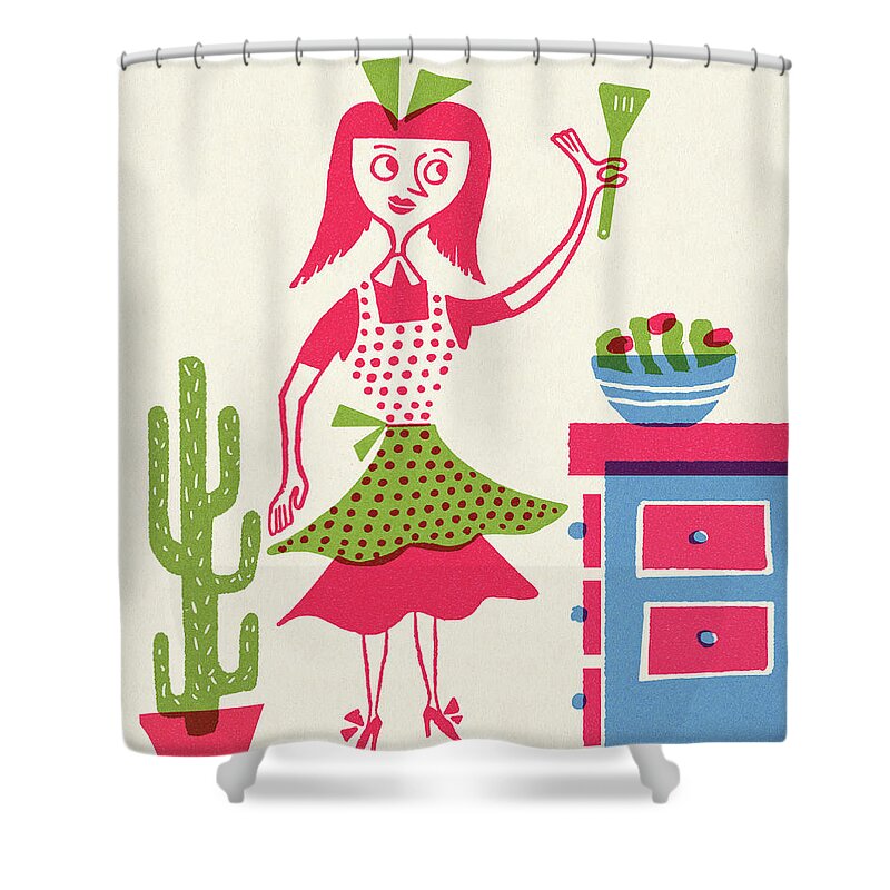 Adult Shower Curtain featuring the drawing Woman Making a Salad by CSA Images