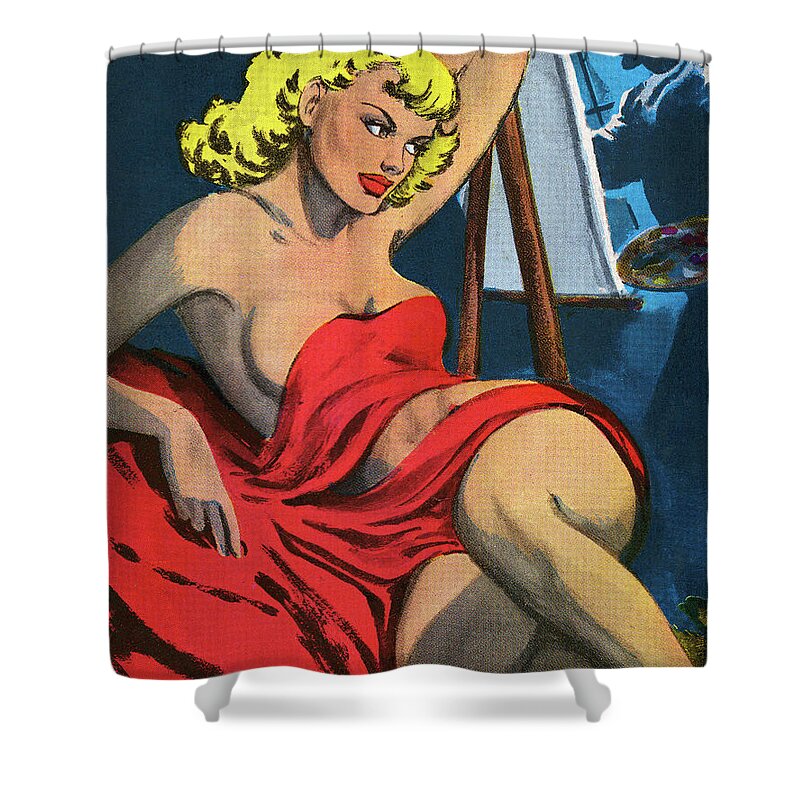 Adult Shower Curtain featuring the drawing Woman Posing in Red Fabric by CSA Images