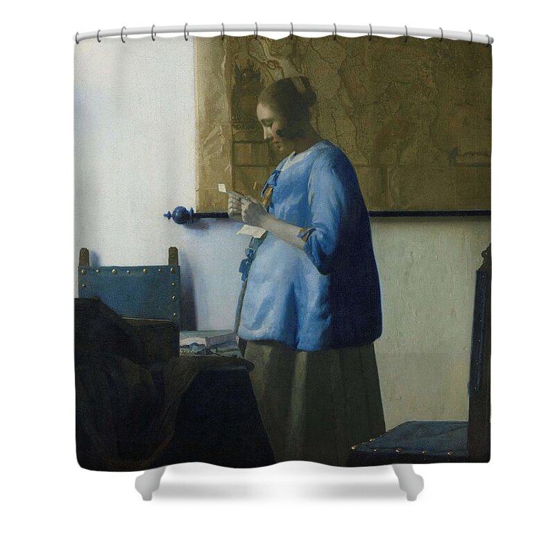 Canvas Shower Curtain featuring the painting Woman Reading a Letter. by Jan Vermeer -1632-1675-