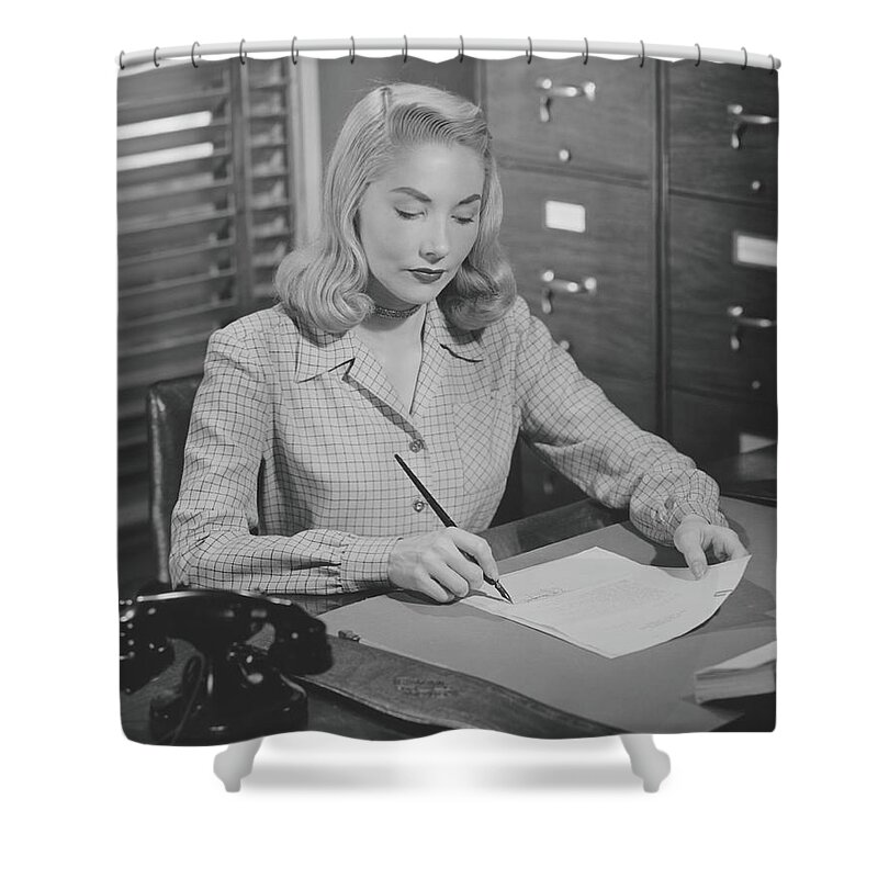 Corporate Business Shower Curtain featuring the photograph Woman Sitting At Desk, Writing Letter by George Marks