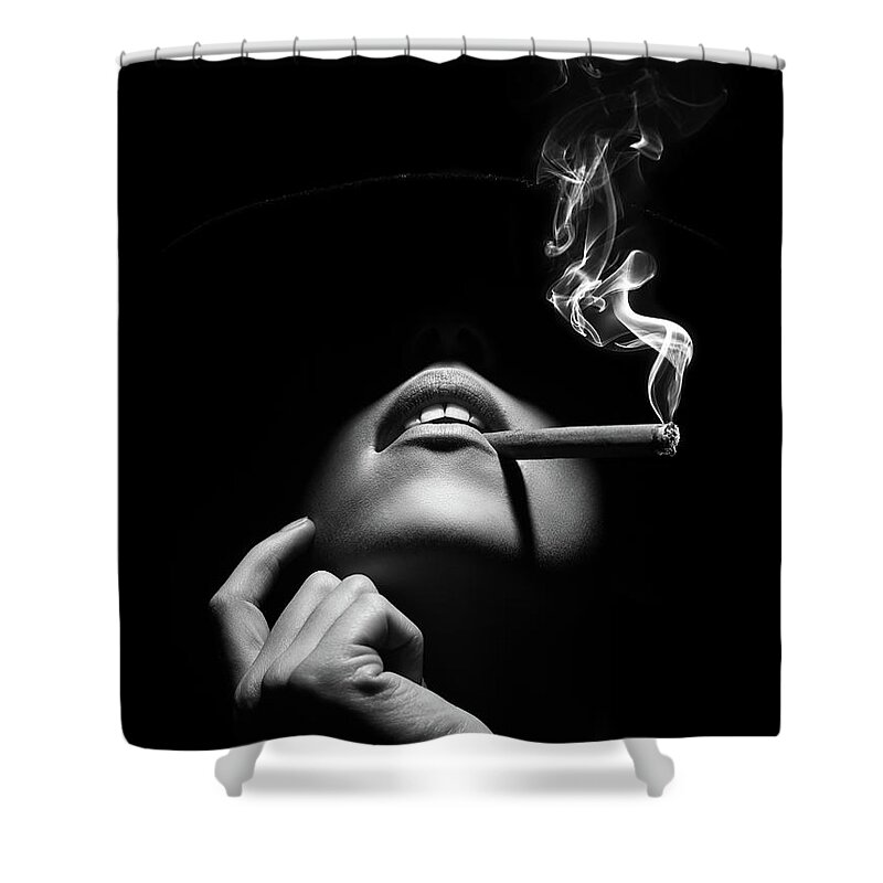 Woman Shower Curtain featuring the photograph Woman smoking a cigar by Johan Swanepoel