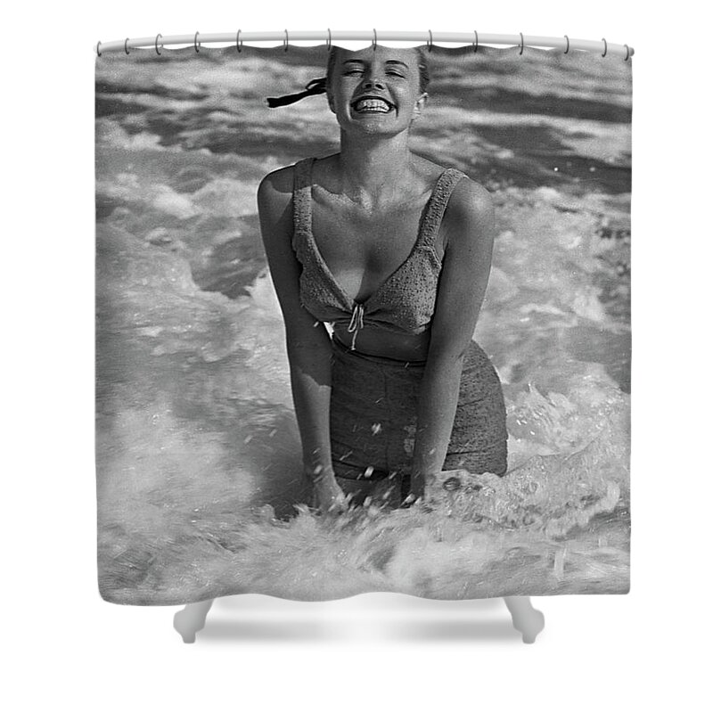 People Shower Curtain featuring the photograph Woman Standing In Surf At Beach by George Marks