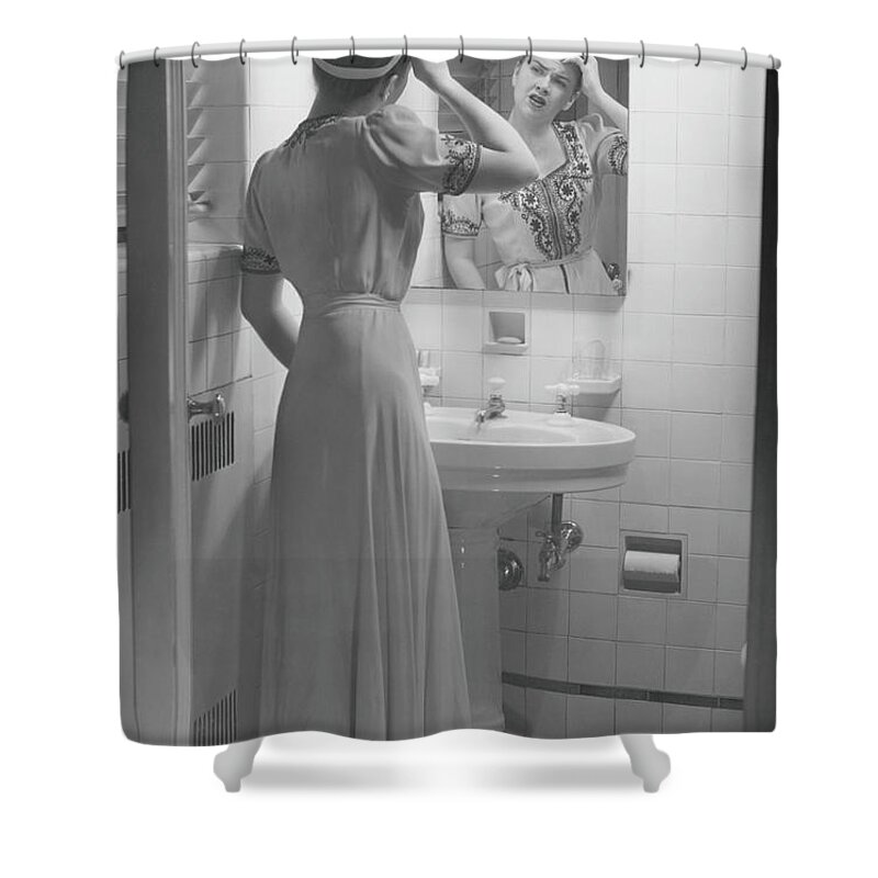 Headband Shower Curtain featuring the photograph Woman Suffering Headache Standing In by George Marks