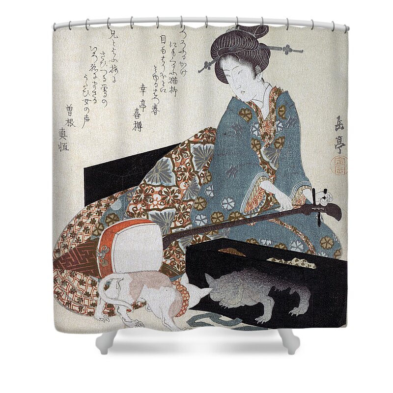 Japanese Shower Curtain featuring the painting Woman Tuning a Shamisen & a cat looks at its reflection in lacquerware by Yashima Gakutei