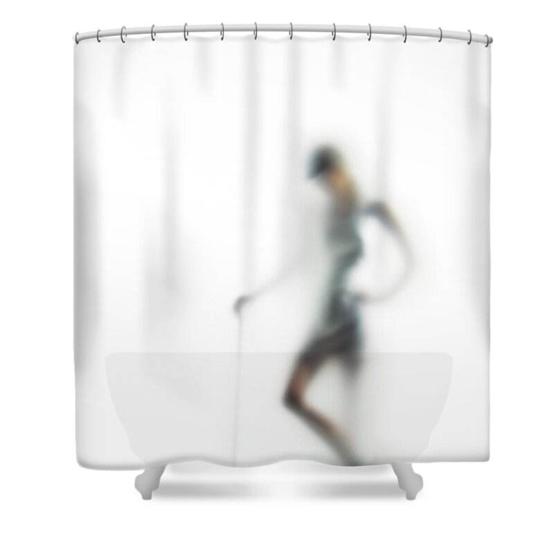 White Background Shower Curtain featuring the photograph Woman With Golf Club Defocussed by Symphonie