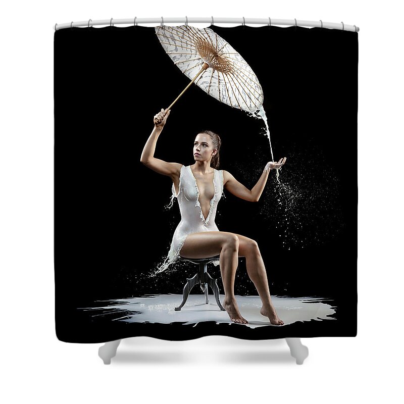 Woman Shower Curtain featuring the photograph Woman with milk dress by Johan Swanepoel