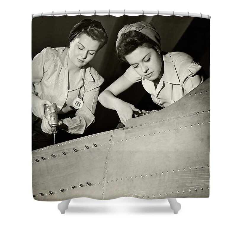 Working Shower Curtain featuring the photograph Women Working On Ww II Aircraft Assembly by George Marks