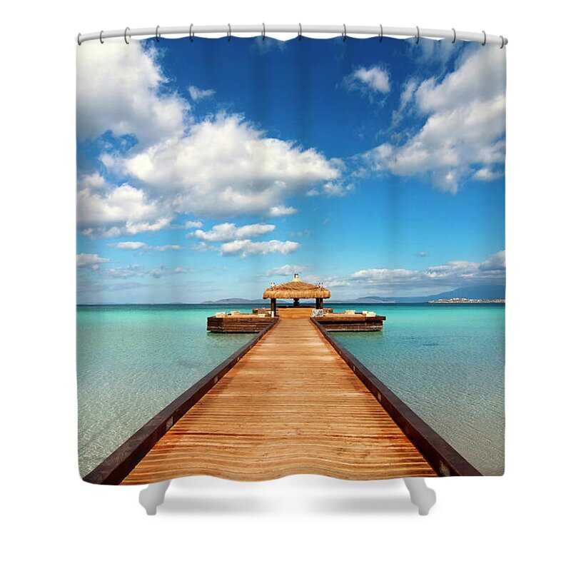 Water's Edge Shower Curtain featuring the photograph Wood Pier by Travenian