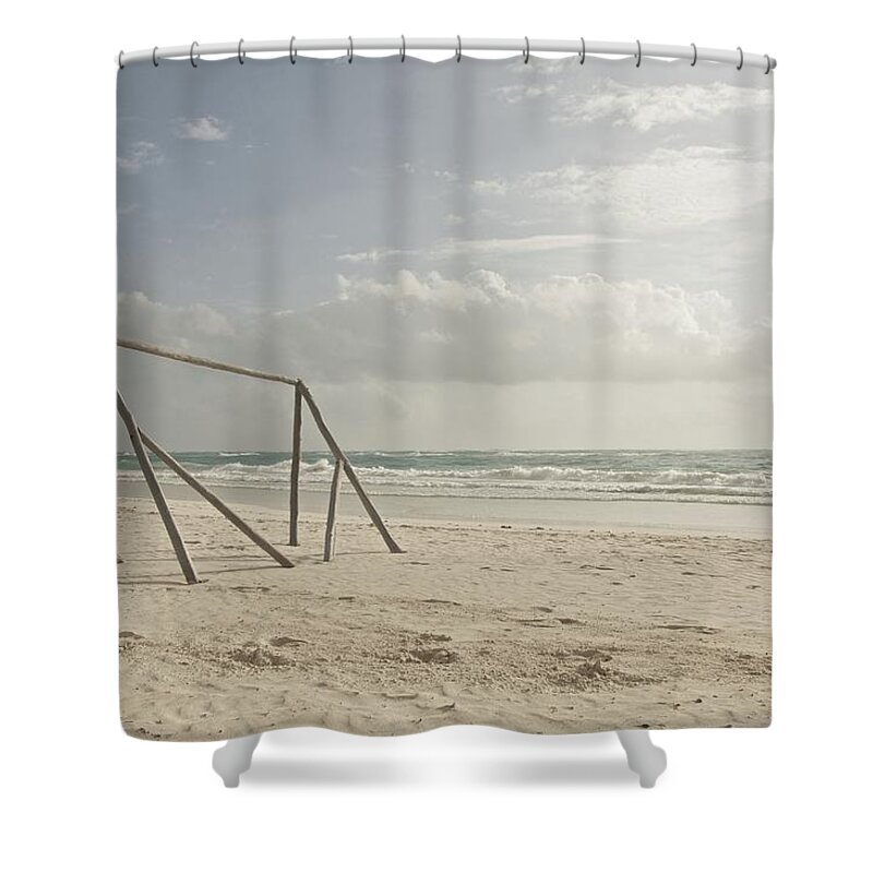 Outdoors Shower Curtain featuring the photograph Wooden Soccer Net On Beach by Bailey