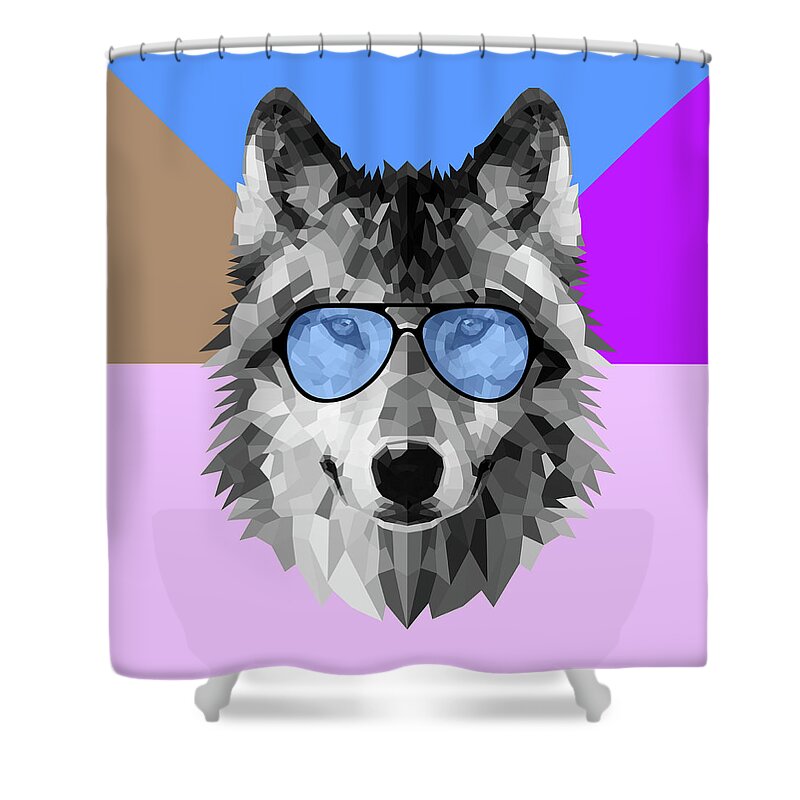 Wolf Shower Curtain featuring the digital art Woolf in Blue Glasses by Naxart Studio