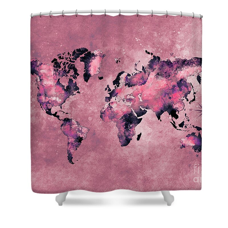 Map Of The World Shower Curtain featuring the digital art World Map Coral Pink by Justyna Jaszke JBJart