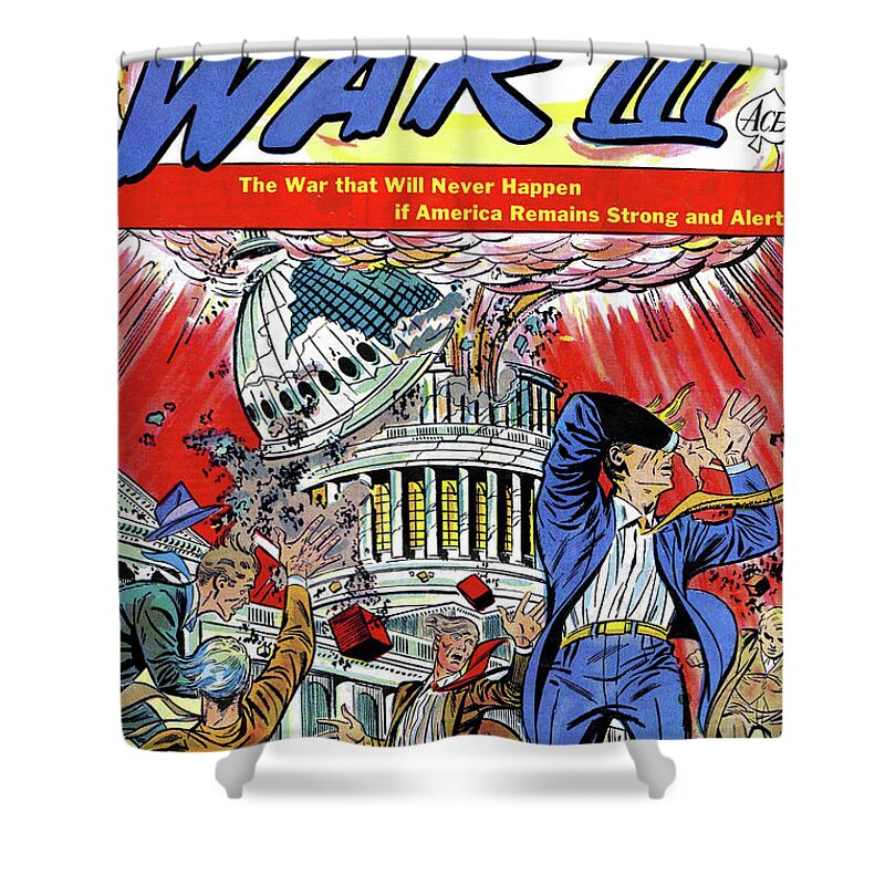 Atomic Shower Curtain featuring the painting World War III by Lou Cameron