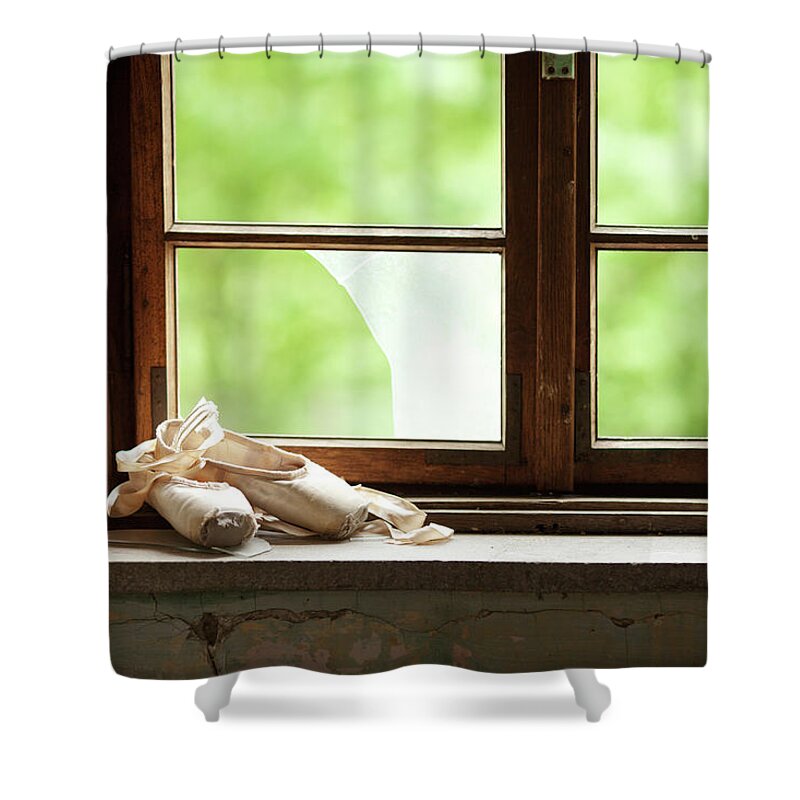 Ballet Shoe Shower Curtain featuring the photograph Worn Out Ballet Shoes Lie On The Old by Miljko