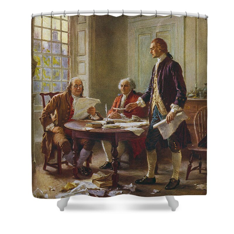 Declaration Of Independence President Jefferson Founding Fathers Benjamin Franklin Ben Franklin American Revolution Thomas Jefferson John Adams President Adams American History History America Patriot 1776 Us Presidents United States American Heroes President Politics Political American President Politician Democrat Democratic Party Republican Republican Party Gop History Warishellstore War Is Hell Store Shower Curtain featuring the painting Writing The Declaration of Independence by War Is Hell Store