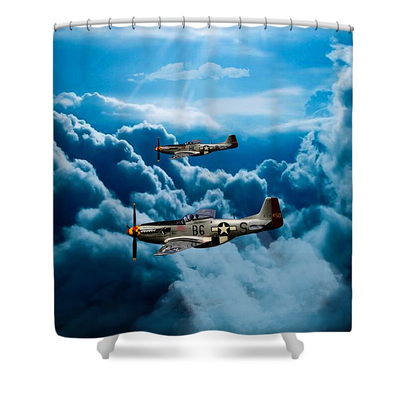 P-51 Mustang Shower Curtain featuring the digital art Mustang Fighter Aces by Michael Rucker