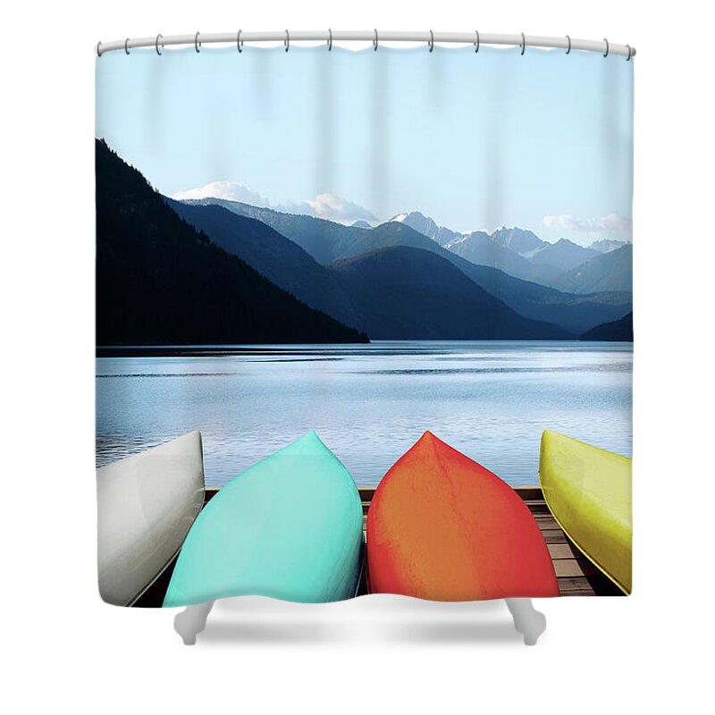 Scenics Shower Curtain featuring the photograph Xl Canoes And Mountain Lake by Sharply done