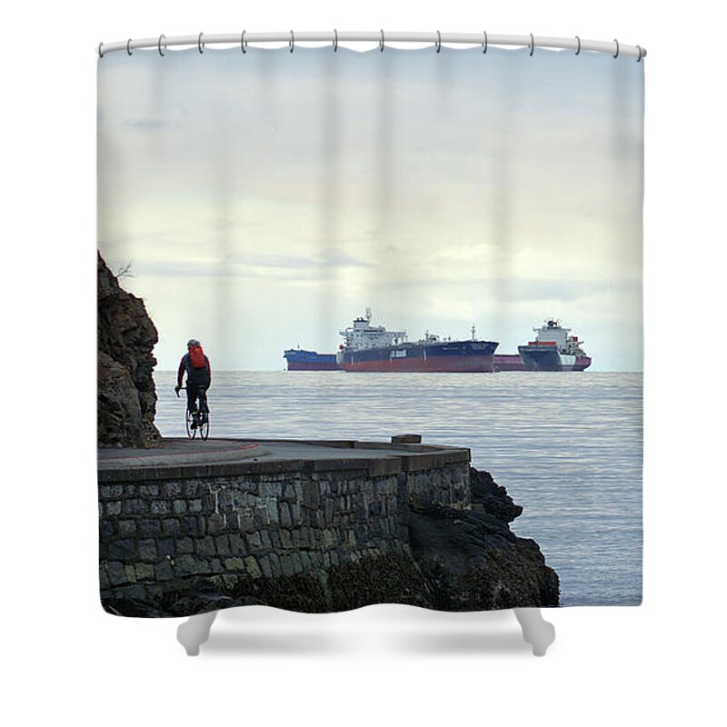 Vancouver Shower Curtain featuring the photograph Xmas Day Seawall Cyclist by Cameron Wood
