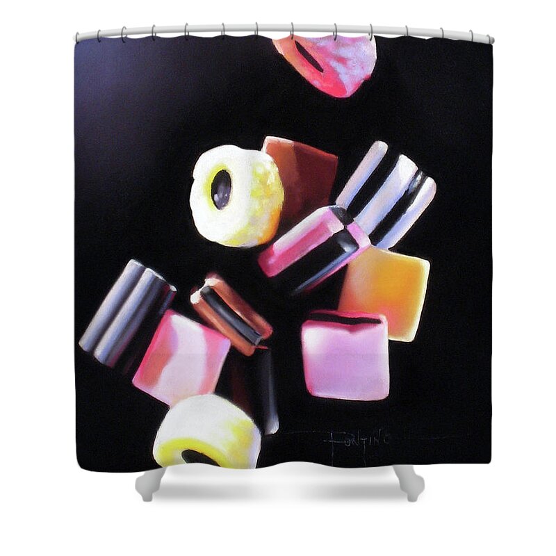 Licorice Allsorts Shower Curtain featuring the pastel Y'all Fall Down by Dianna Ponting