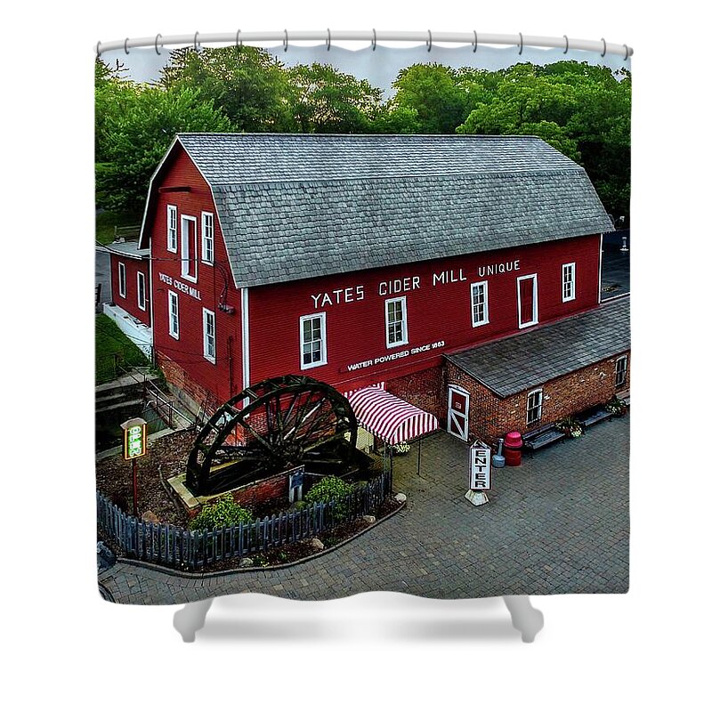 Rochester Shower Curtain featuring the digital art Yates Cider Mill DJI_0056 by Michael Thomas