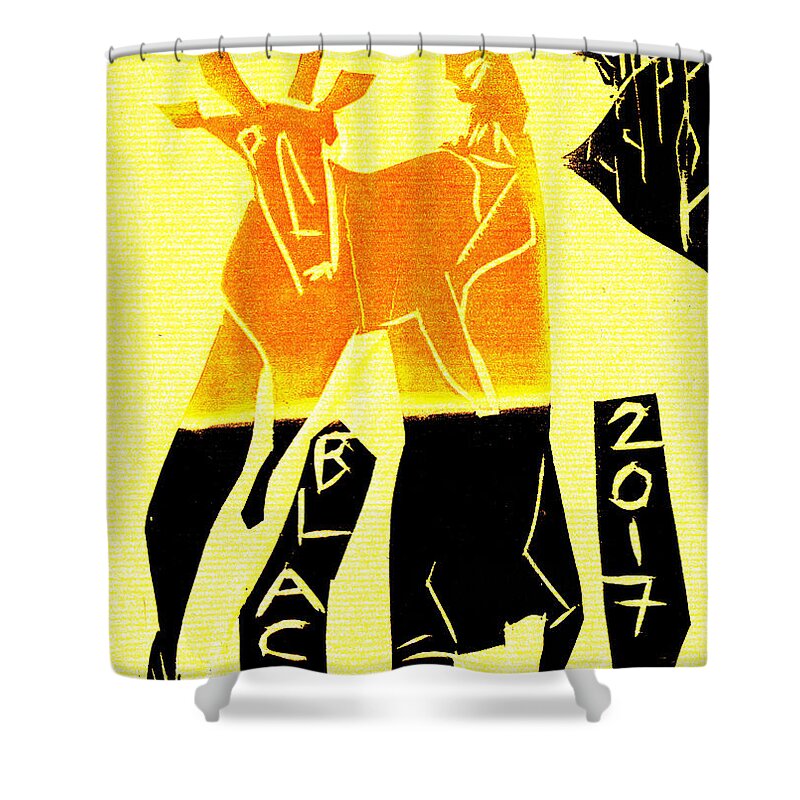 Yellow Shower Curtain featuring the digital art Yellow Antelope Black Ivory Woodcut Poster 15 by Edgeworth Johnstone