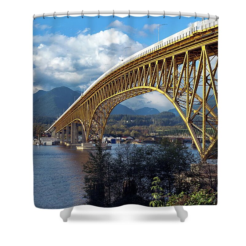 Alex Lyubar Shower Curtain featuring the photograph Yellow bridge across the inlet by Alex Lyubar