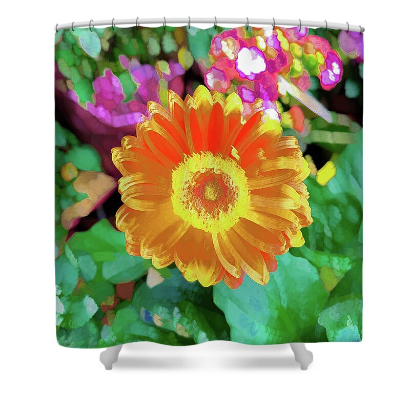 Abstract Shower Curtain featuring the photograph Yellow flower with green leaf abstract by Phillip Rubino