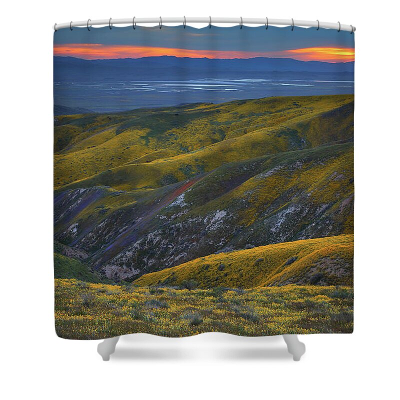 Sunset Shower Curtain featuring the photograph Yellow hills of flowers with Soda Lake at sunset from Carrizo Plain National Monument by Jetson Nguyen