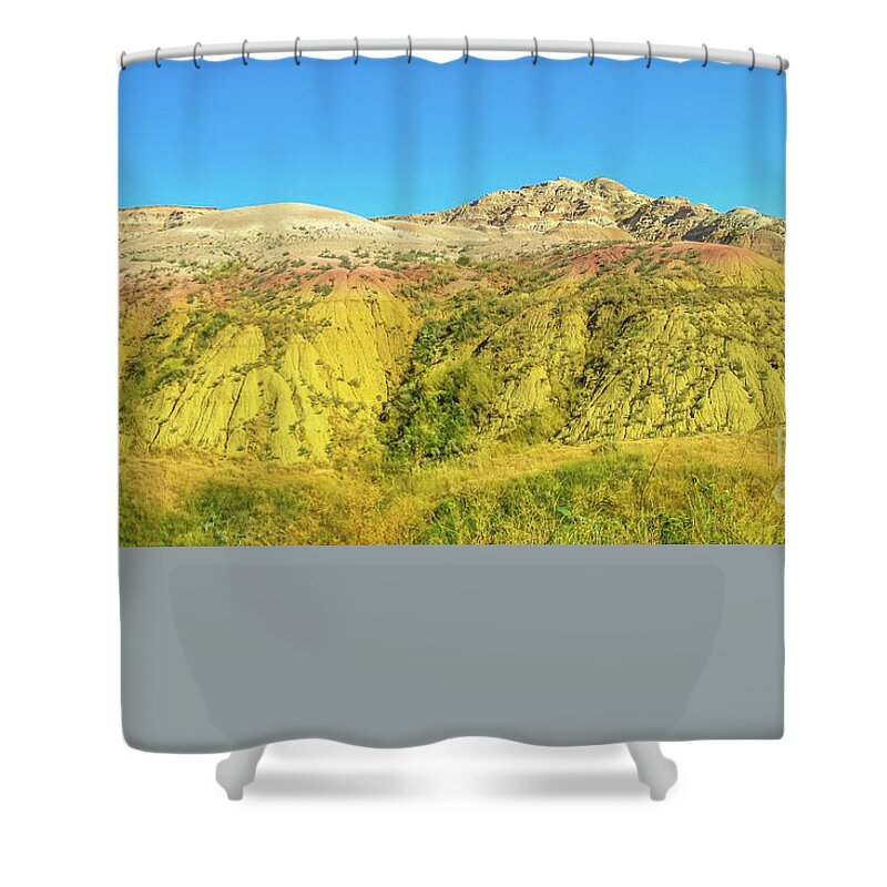 Badlands National Park Shower Curtain featuring the photograph Yellow Mounds overlook by Benny Marty