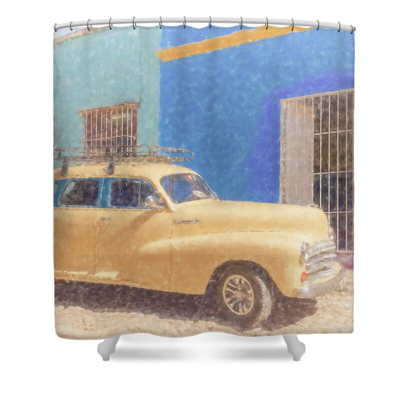 Yellow Shower Curtain featuring the photograph Yellow Taxi Trinidad Cuba II by Joan Carroll