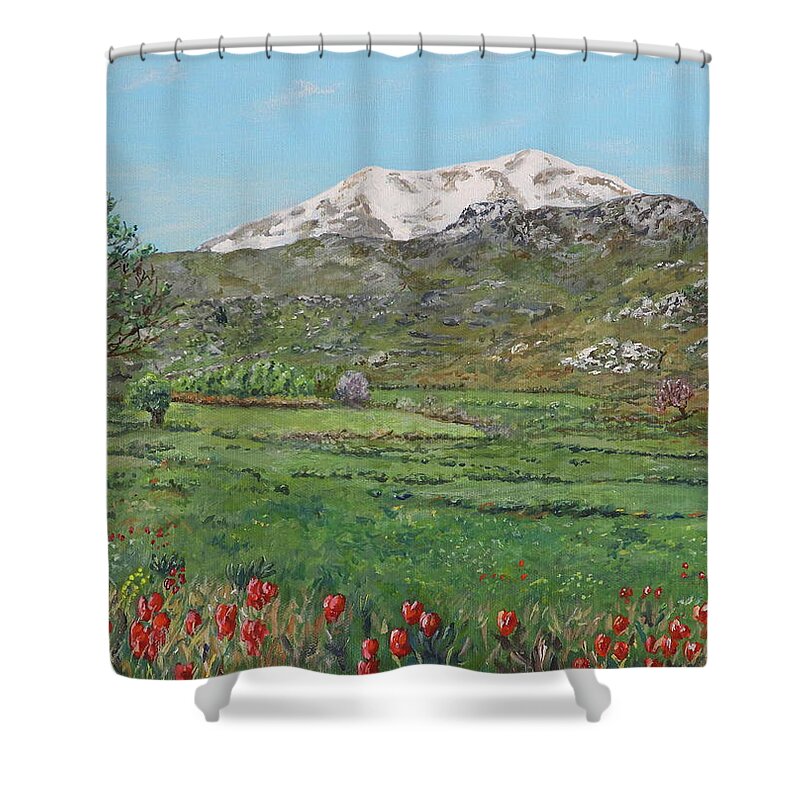Crete Shower Curtain featuring the painting Yious Kambos and Psiloreitis by David Capon