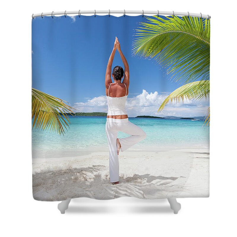 Water's Edge Shower Curtain featuring the photograph Yoga Tropical Beach by M Swiet Productions