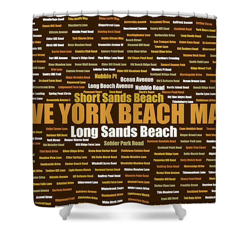 York Beach Maine Shower Curtain featuring the digital art York Beach Maine Street Name Wordcloud Brown by David Smith