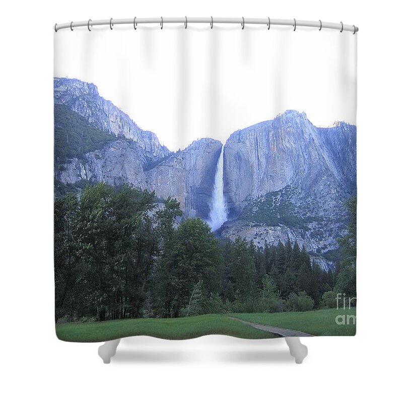Yosemite Shower Curtain featuring the photograph Yosemite National Park Waterfall at Sundown Mountain Range by John Shiron