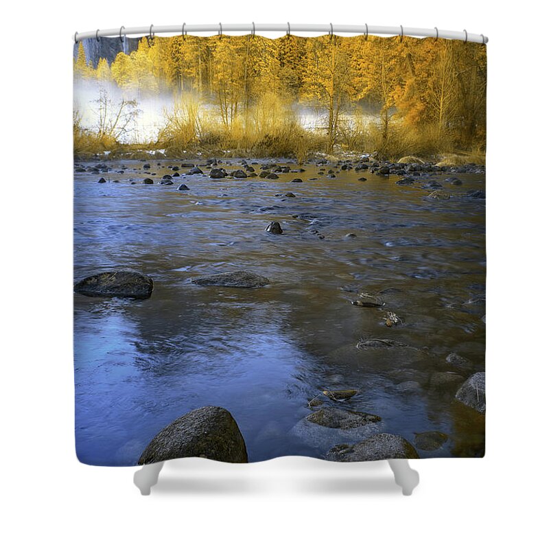 Yosemite Shower Curtain featuring the photograph Yosemite River in Yellow by Jon Glaser