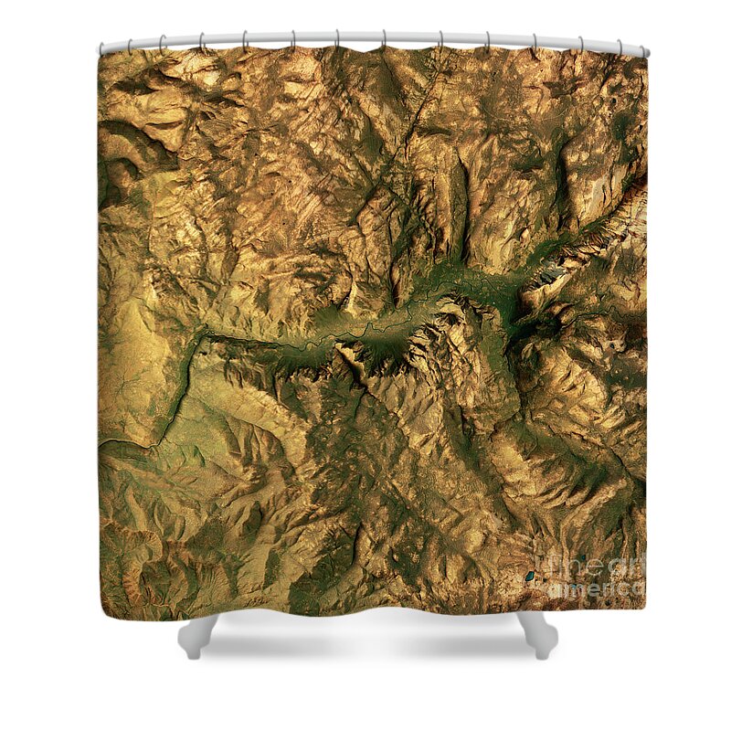 Yosemite Shower Curtain featuring the digital art Yosemite Valley 3D Render Topographic Map Color by Frank Ramspott