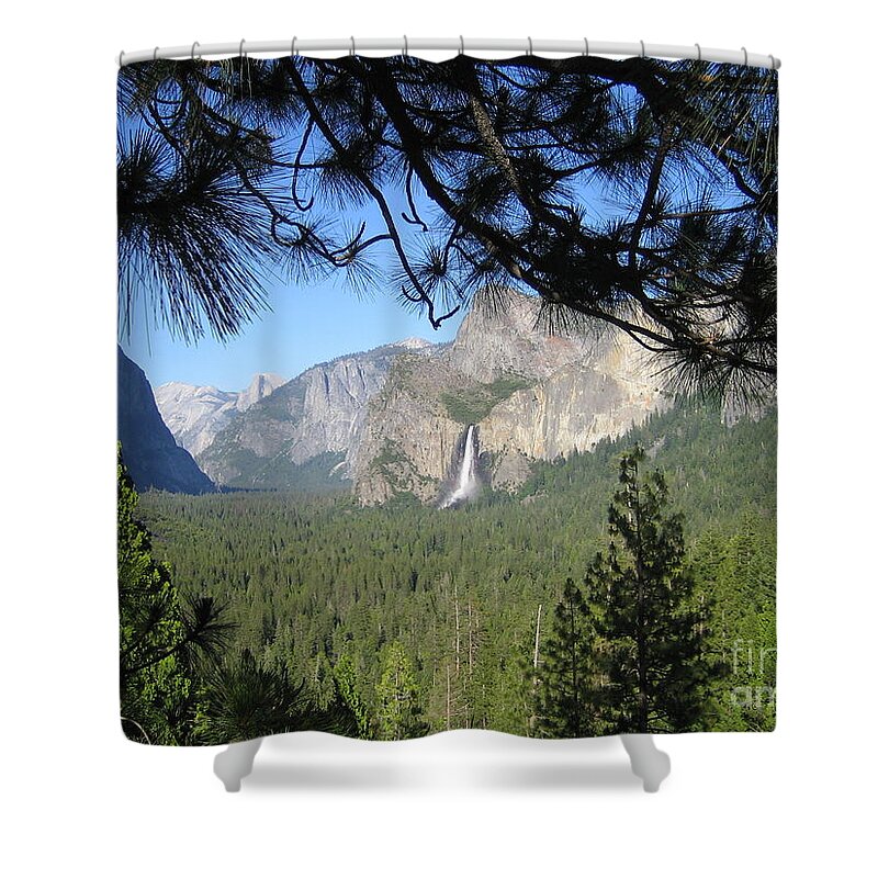 Yosemite Shower Curtain featuring the photograph Yosemite Valley Yosemite National Park Bridal Veil Falls El Capitan Half Dome A Panoramic View by John Shiron