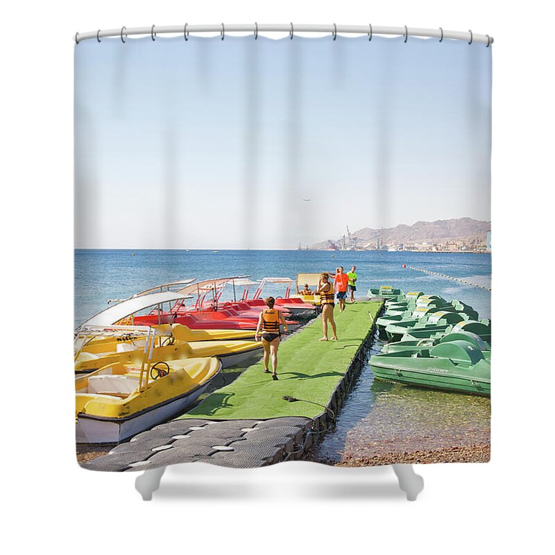 Water's Edge Shower Curtain featuring the photograph Young Adults About To Select Paddle & by Barry Winiker