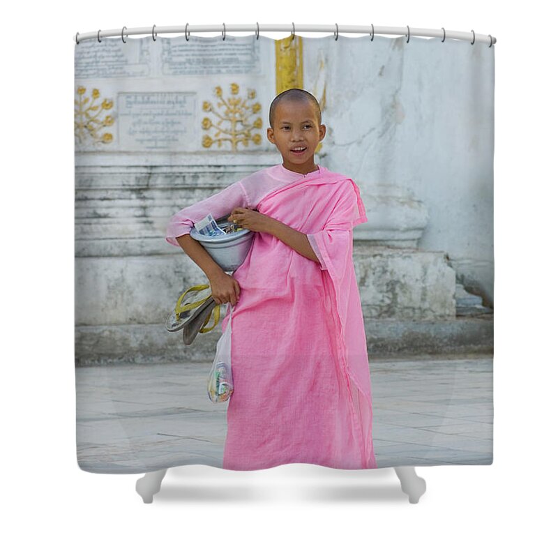 Child Shower Curtain featuring the photograph Young Buddhist Nun In Yangon Myanmar by Nancy Brown/bass Ackwards