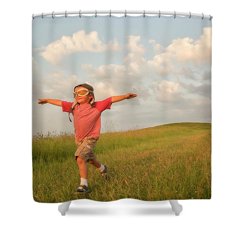 4-5 Years Shower Curtain featuring the photograph Young English Boy Imagines Flying On by Richvintage