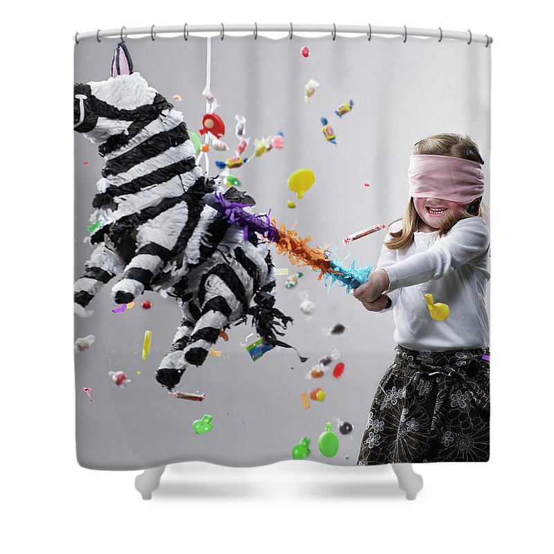 4-5 Years Shower Curtain featuring the photograph Young Girl Hitting Pinata, Candy Flying by Ryan Mcvay