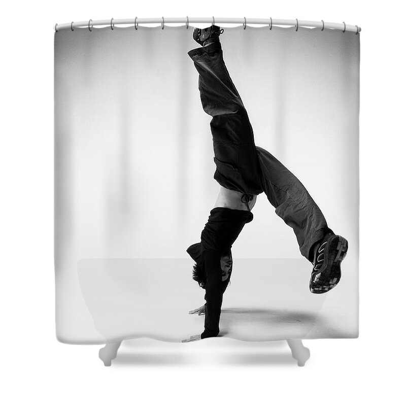 Youth Culture Shower Curtain featuring the photograph Young Japanese Man Breakdancing B&w by Karen Moskowitz