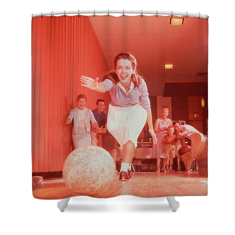 People Shower Curtain featuring the photograph Young Woman Bowling, Family Watching In by Fpg