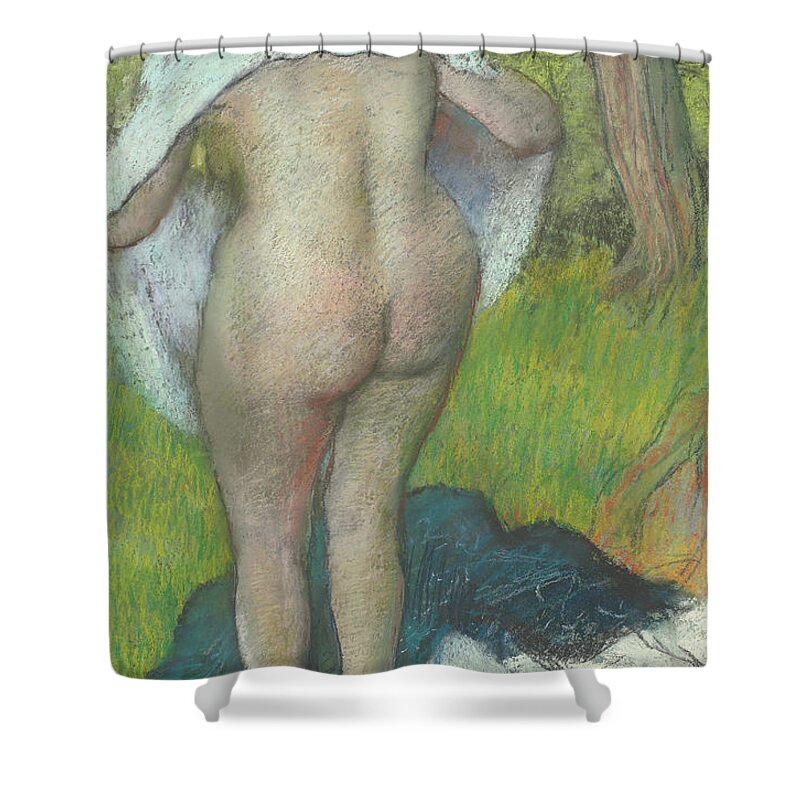 Female Shower Curtain featuring the pastel Young Woman Dressing Herself, 1885 by Edgar Degas