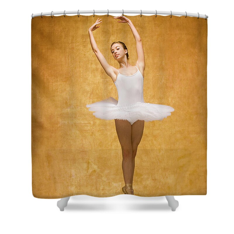Expertise Shower Curtain featuring the photograph Young Woman Performing Ballet Pose by Pm Images